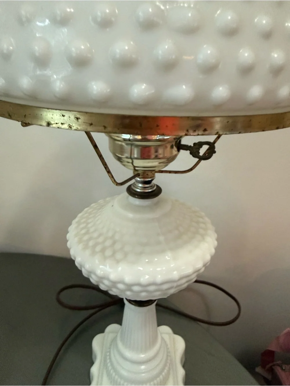 Vintage Lamp Hobnail Milk Glass Hurricane Parlor Gone w The Wind Key Turn Light